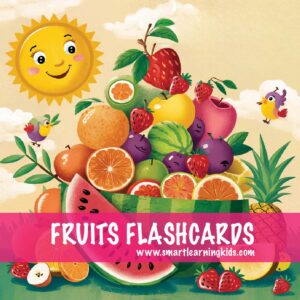 Illustrated image featuring a variety of colorful fruits, including apples, bananas, grapes, strawberries, and oranges, arranged in a playful and engaging manner.