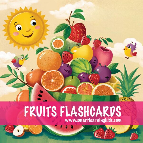 Illustrated image featuring a variety of colorful fruits, including apples, bananas, grapes, strawberries, and oranges, arranged in a playful and engaging manner.