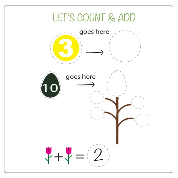 Examples of activities from the "Let's Count & Add" educational set, showing colorful worksheets where children count objects, match numbers, and solve basic addition problems. The activities feature vibrant illustrations of everyday items, helping kids to engage with and understand counting and addition in a fun and interactive way. Examples of activities from the "Let's Count & Add" educational set, showing colorful worksheets where children count objects, match numbers, and solve basic addition problems. The activities feature vibrant illustrations of everyday items, helping kids to engage with and understand counting and addition in a fun and interactive way. Examples of activities from the "Let's Count & Add" educational set, showing colorful worksheets where children count objects, match numbers, and solve basic addition problems. The activities feature vibrant illustrations of everyday items, helping kids to engage with and understand counting and addition in a fun and interactive way.