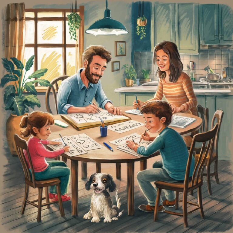"Parents and children sitting at a table in a cozy home setting, engaged in a homeschooling activity with books, notebooks, and colorful educational materials spread out. The child is smiling, actively participating in the lesson, illustrating the personalized and flexible nature of homeschooling."