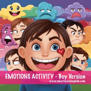 Illustration of a girl demonstrating different facial expressions as part of the "Express Your Emotions - Girl Version" activity, designed to help children learn about and express their emotions.