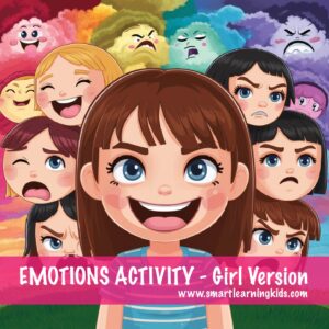llustration of a girl demonstrating different facial expressions as part of the "Express Your Emotions - Girl Version" activity, designed to help children learn about and express their emotions.